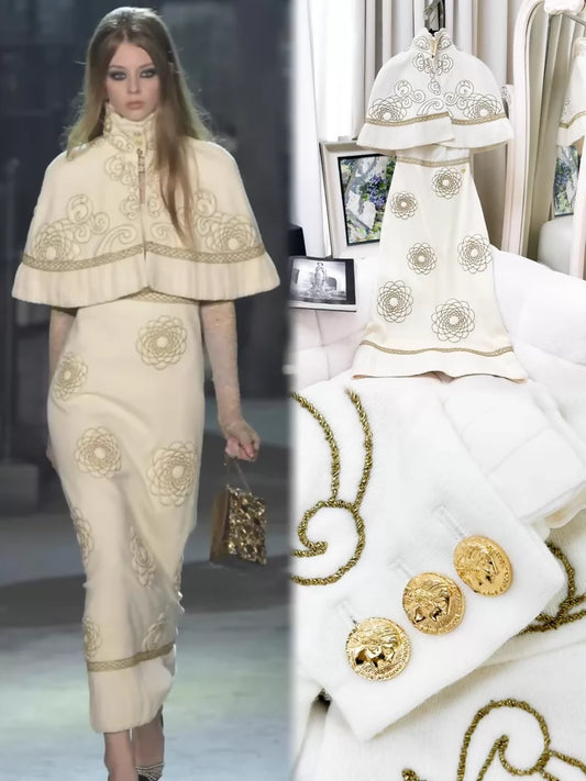 Chanel 16A off-white with gold camellia cape dress
