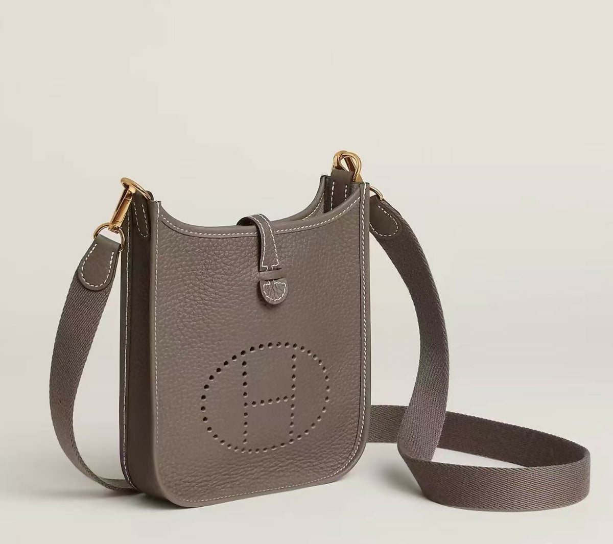 Hermès Mini Evelyne Étoupe / Etoupe Clemence Leather with Matching Shoulder Strap & Gold Hardware
