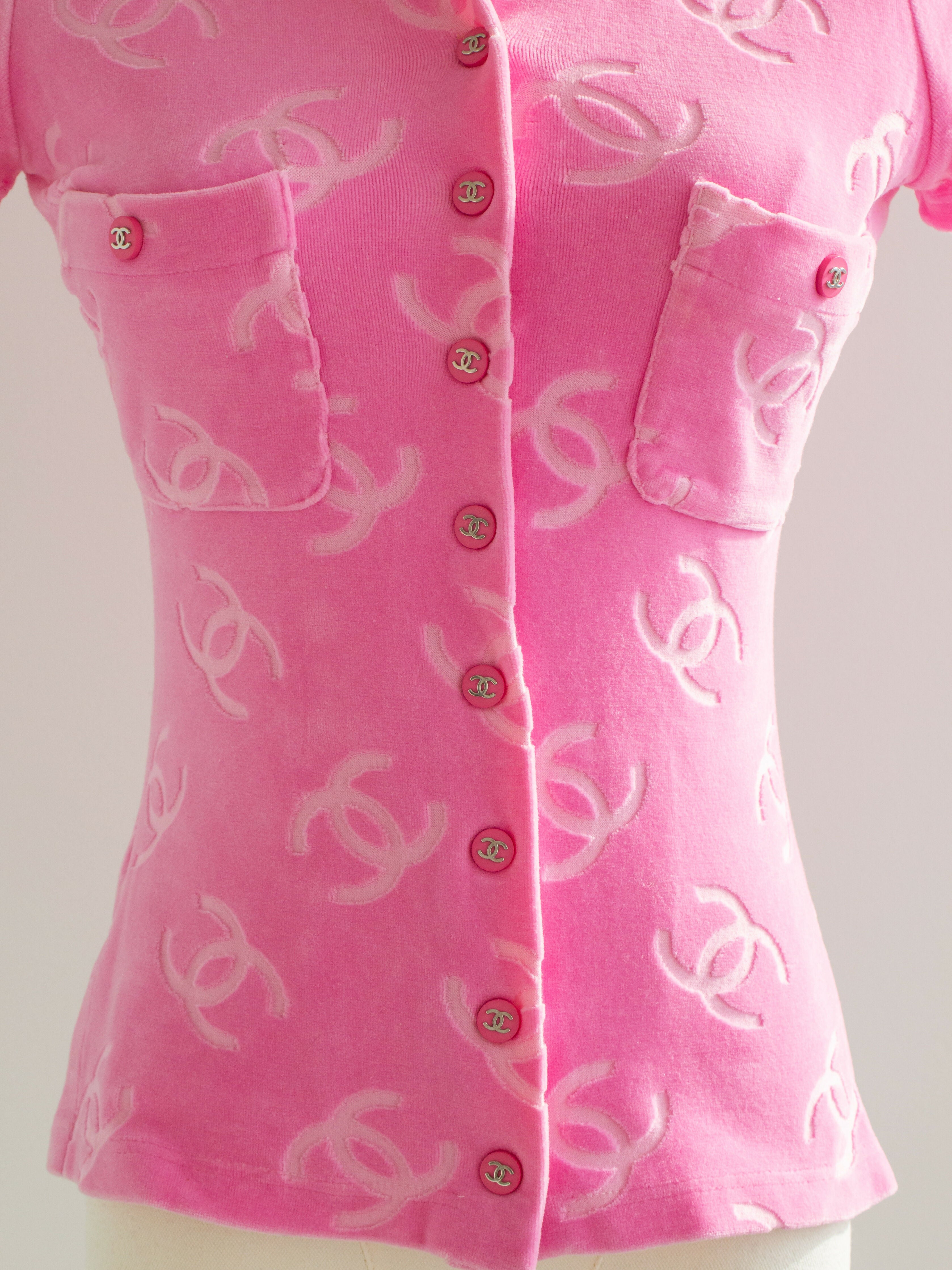 Iconic Chanel Vintage S/S 1996 Pink Velour CC Logo Button 96P Top