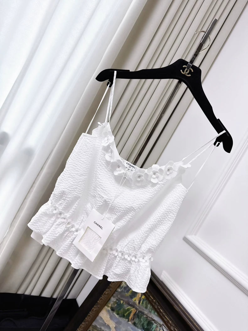 Chanel 26C white 3D floral ruffled logo camisole top