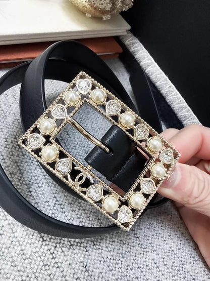 Chanel 22B pearl and rhinestone square leather belt,