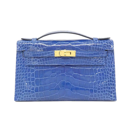 Hermes Kelly Pochette Blue Izmir shiny crocodile leather gold hardware