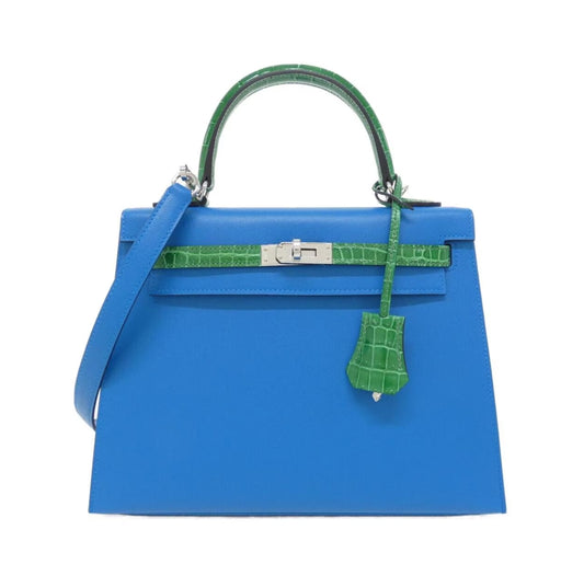 Hermes kelly 25 touch madame blue frida and Bamboo niloticus crocodile leather palladium hardware