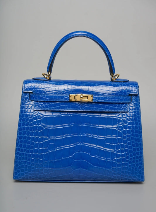 Hermes Kelly 25 in Bleu Zellige Alligator Gold hardware