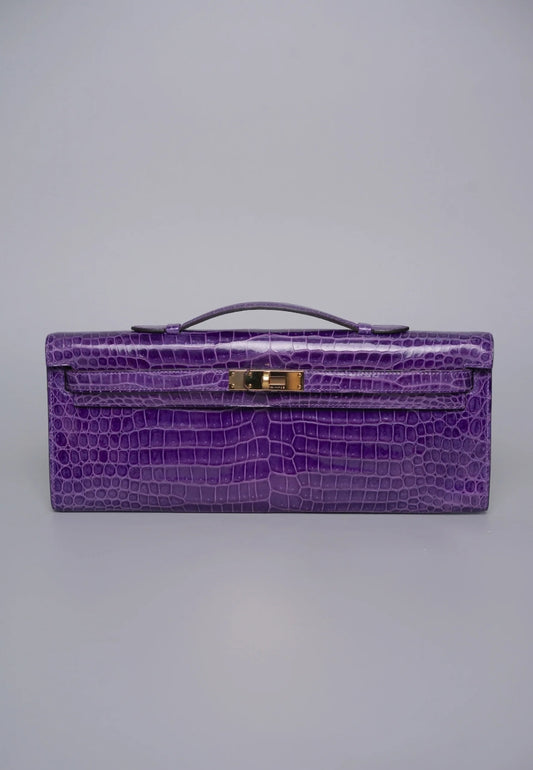 Hermes Kelly Cut in Ultraviolet Shiny Porosus crocodile leather Gold hardware
