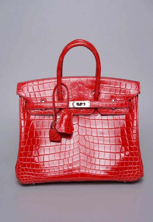 Hermes Birkin 25 Red Bougainville Shiny Nilo crocodile leather Palladium hardware