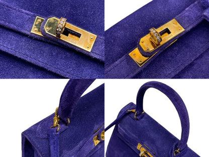 Rare Vintage Hermes kelly 20 Purple Doblis Suede leather gold diamond hardware