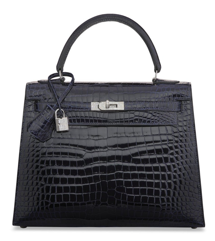 Hermes Kelly 25 Bleu Marine Shiny Crocodile Leather 18k White Gold Diamond Hardware