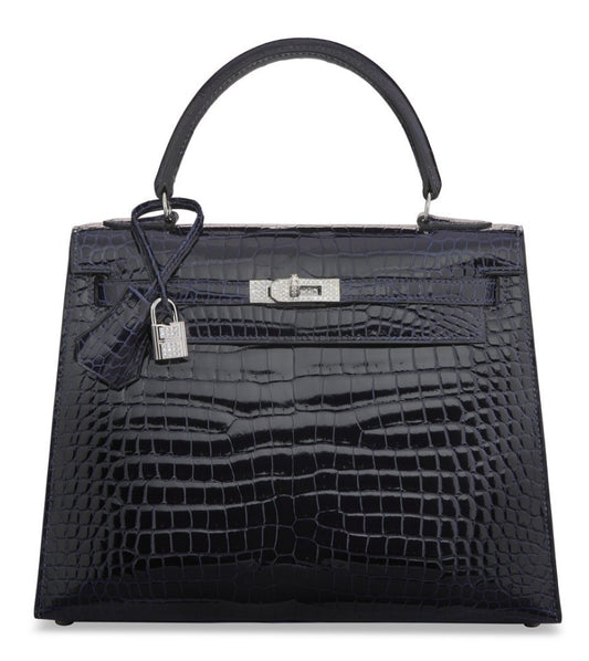 Hermes Kelly 25 Bleu Marine Shiny Crocodile Leather 18k White Gold Diamond Hardware