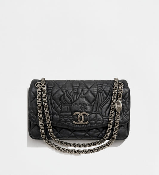 Chanel Black Quilted Lambskin Leather Paris-Moscow Red Square Kremlin Jumbo Flap Bag