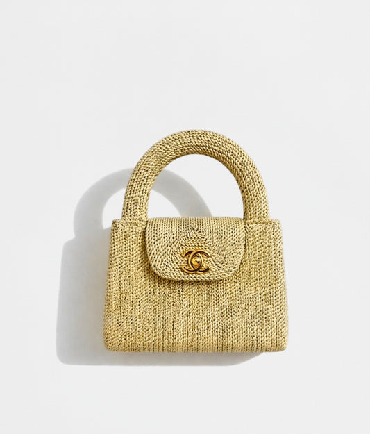 Chanel 1997 Gold Raffia Mini Kelly bag 24K gold plated hardware