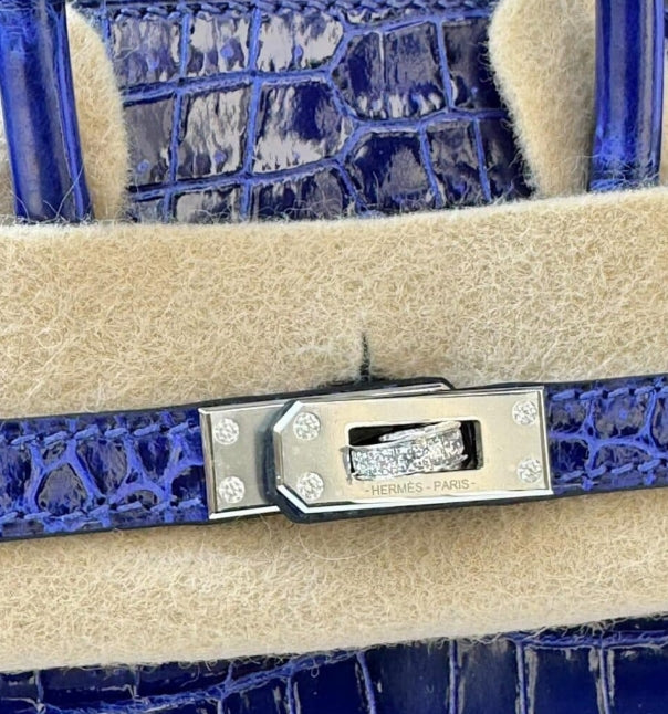 Hermes Birkin 20 Blue Electrique Shiny Crocodile Porosus Diamond Hardware