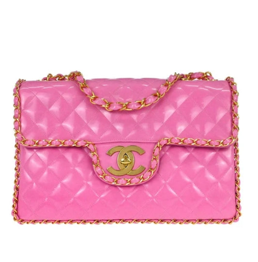 Chanel 1994-1996 Pink Patent Leather Maxi Classic Flap Shoulder Bag