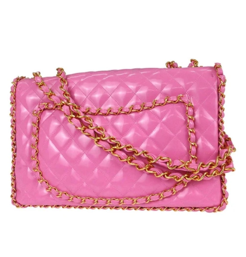 Chanel 1994-1996 Pink Patent Leather Maxi Classic Flap Shoulder Bag