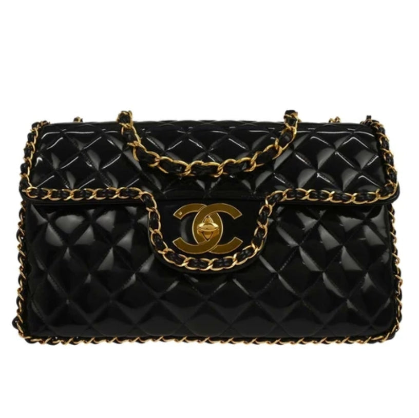 Chanel 1994-1996 Black Patent Leather Maxi Classic Flap Shoulder Bag