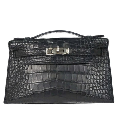 Hermes Kelly Pochette Black Matt alligator leather palladium hardware