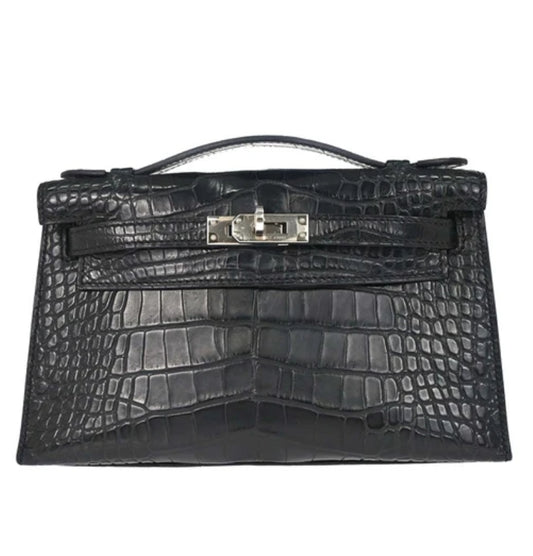 Hermes Kelly Pochette Black Matt alligator leather palladium hardware