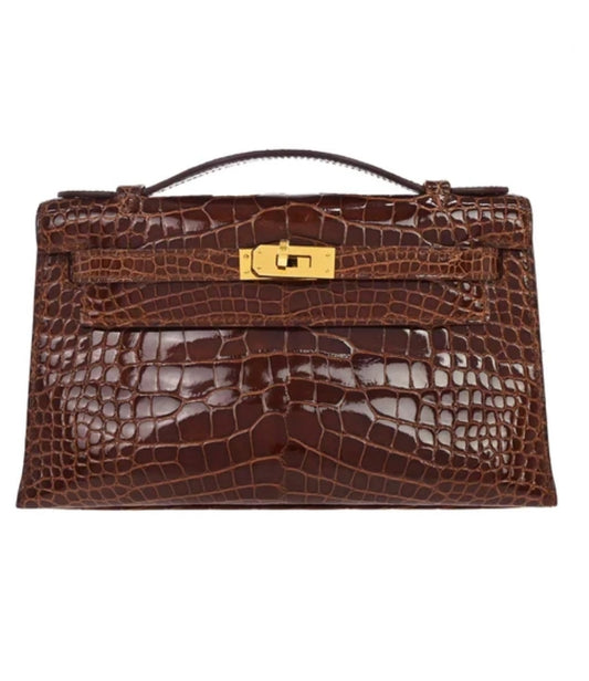 Hermes kelly pochette miel shiny alligator leather gold hardware