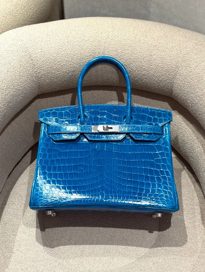 HERMÈS Birkin 30 Bleu Izmir Shiny Niloticus Crocodile Palladium hardware