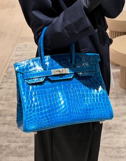 HERMÈS Birkin 30 Bleu Izmir Shiny Niloticus Crocodile Palladium hardware