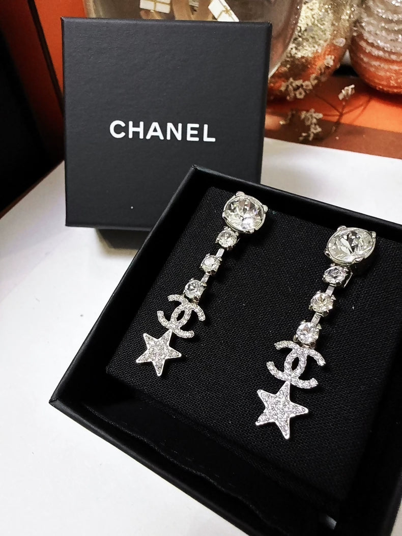 Chanel Spring/Summer 2020 Silver Double C Star Full Diamond Earrings