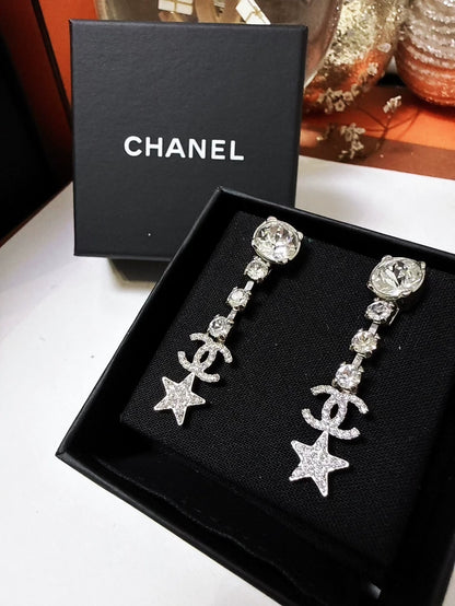 Chanel Spring/Summer 2020 Silver Double C Star Full Diamond Earrings