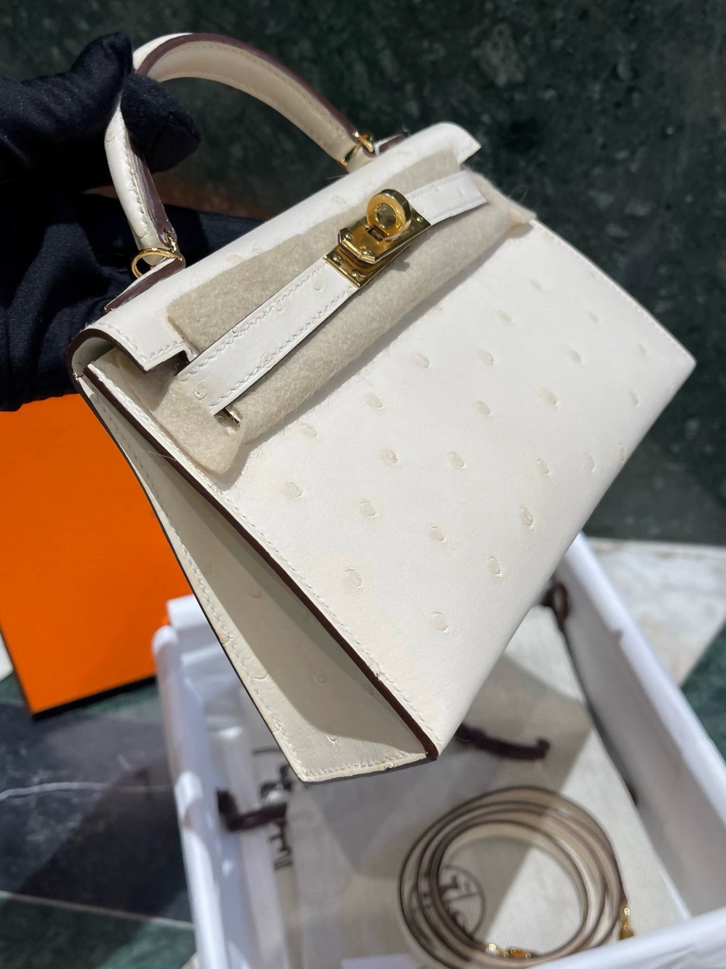 Hermes Mini Kelly 20 Nata Cream White Ostrich leather with gold hardware