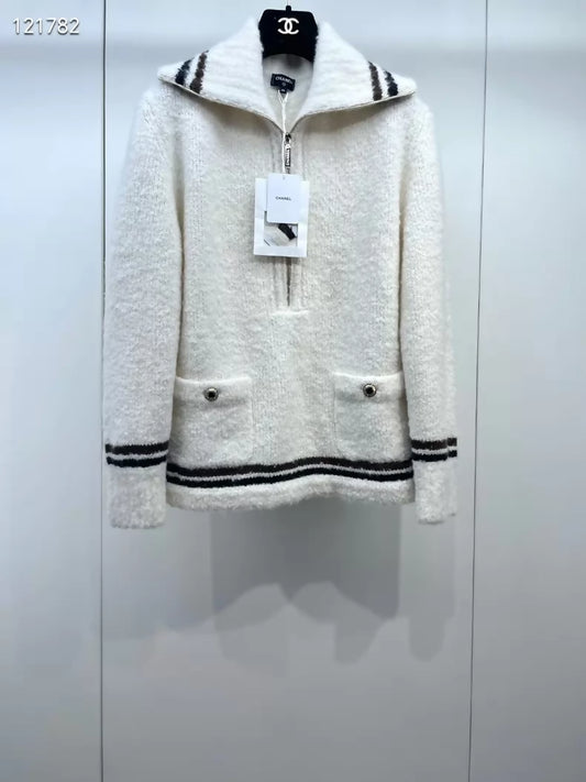 Chanel 25N ecru half-zip knit sweater
