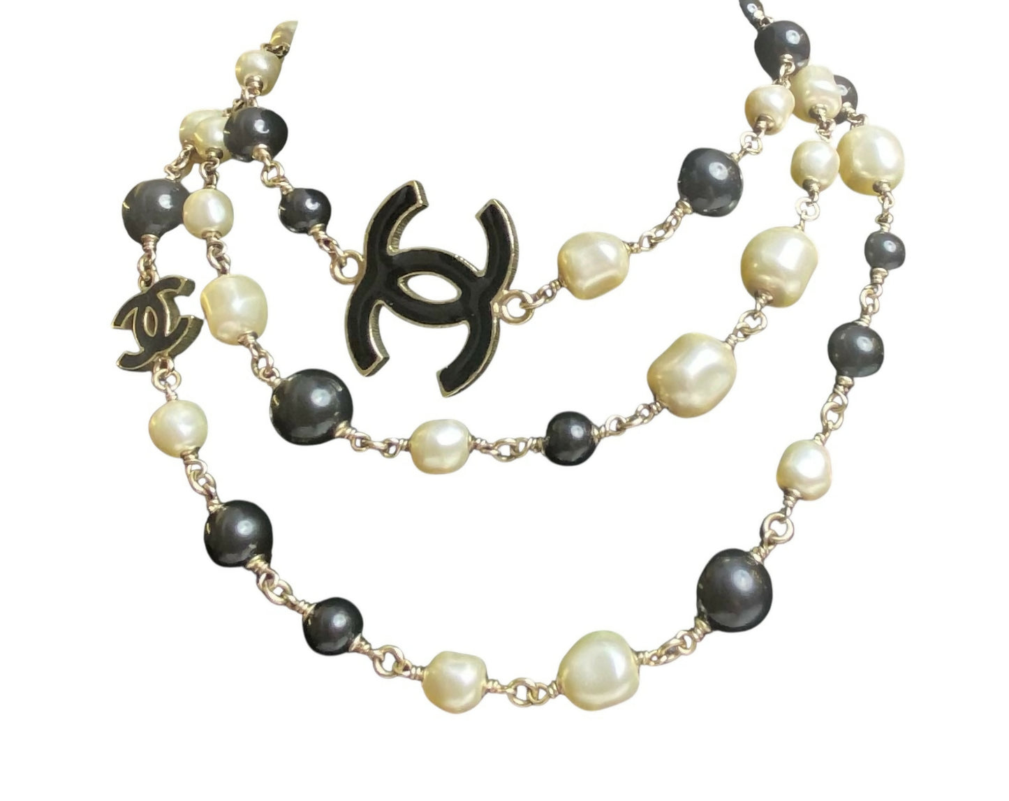 Chanel 12P Classic Long Strand Black White Freshwater Pearl and Bead Necklace GHW
