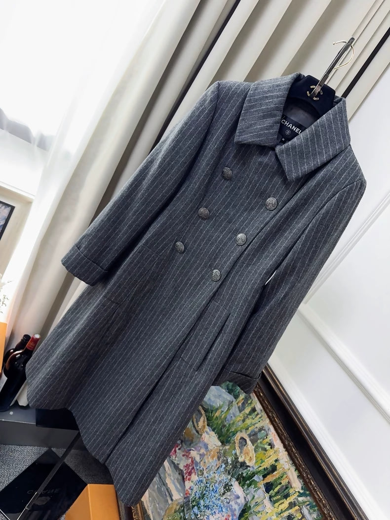 Chanel Grey Pinstriped Long Coat