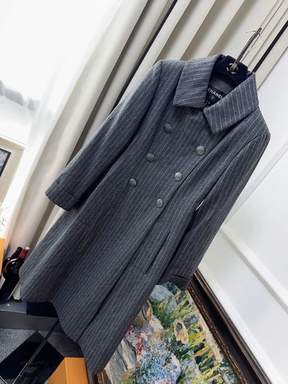 Chanel Grey Pinstriped Long Coat