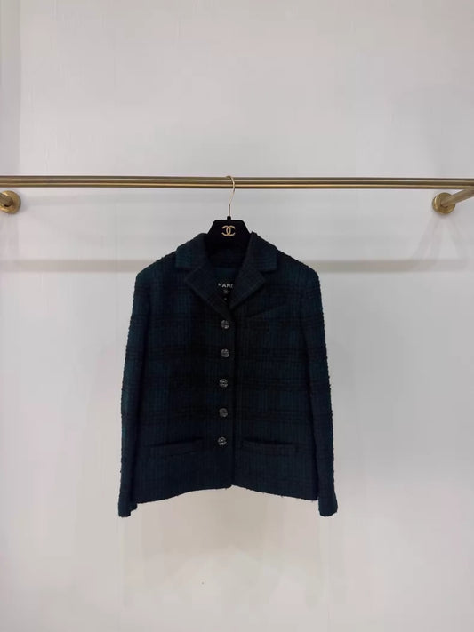 Chanel 24A dark green plaid enamel tweed jacket