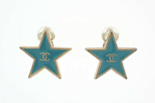 Chanel Vintage 01P Enamel Blue Star CC Logo Clip-on Earrings