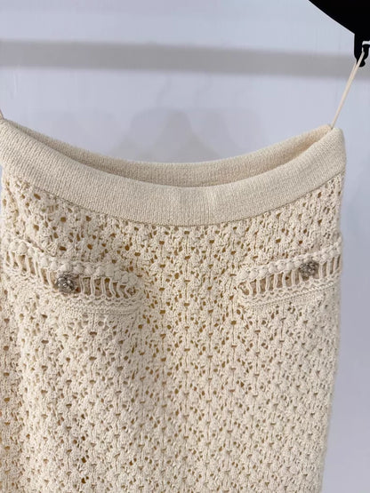 Chanel off-white openwork knit midi skirt