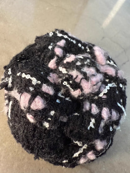 Chanel 25B pink and black tweed camellia brooch