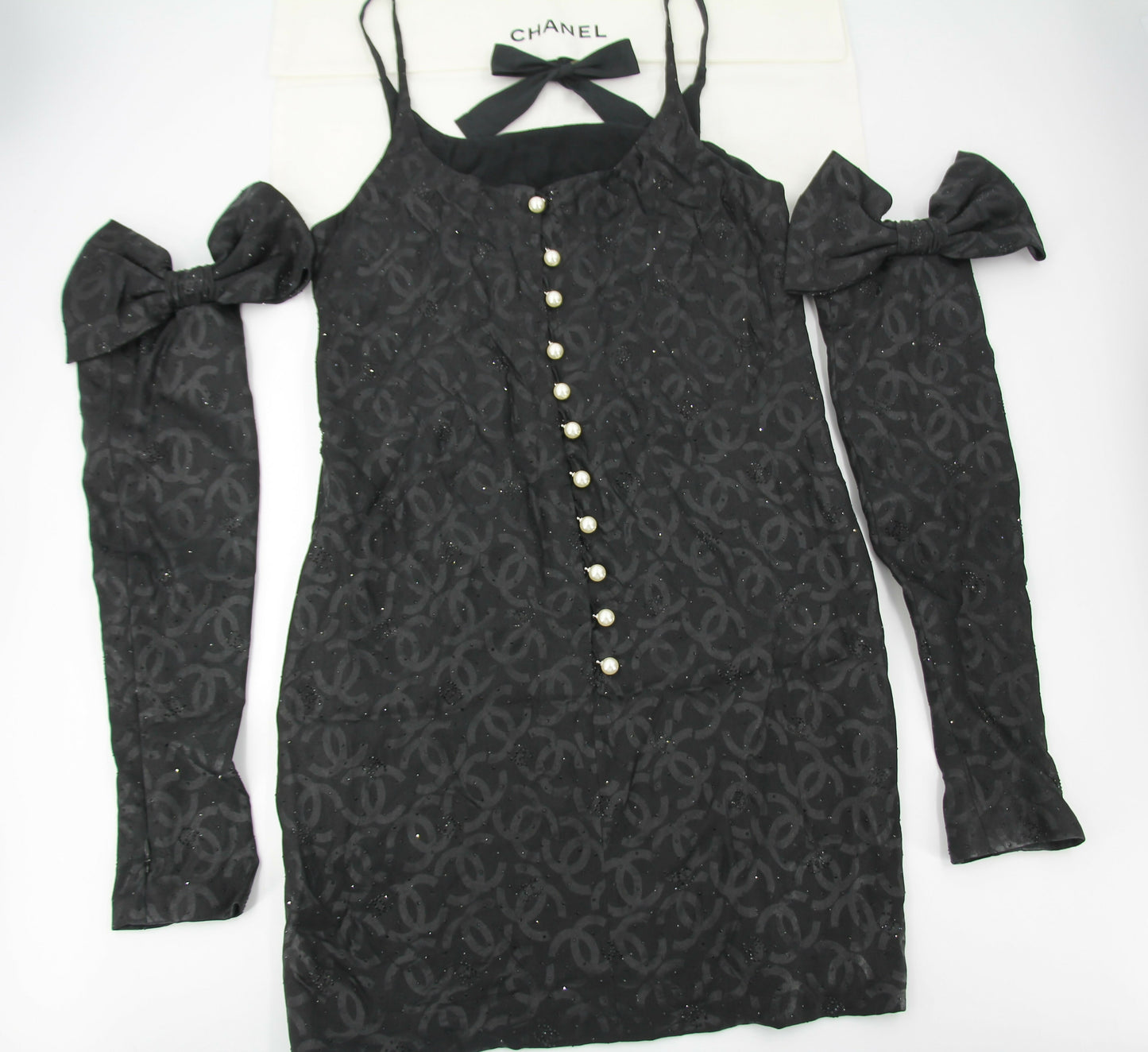 Chanel 2023 Silk Jacquard Embellished Glove Black Dress