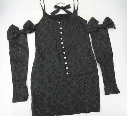 Chanel 2023 Silk Jacquard Embellished Glove Black Dress