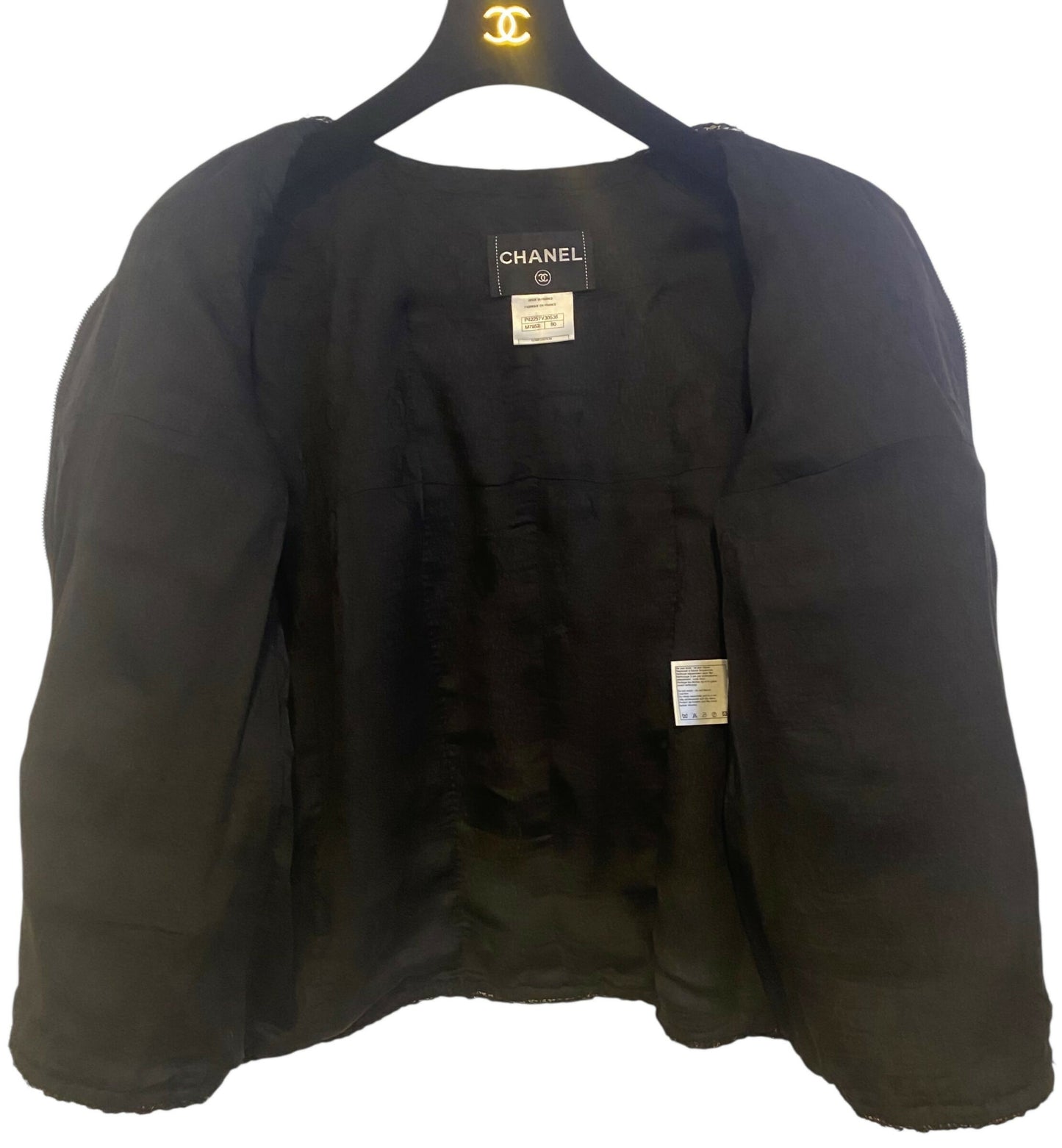 Chanel 11A Black White Tweed Braided Trim Zip Up Jacket FR 50