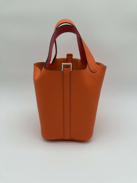Hermès Picotin 18 Éclat Clemence / Swift Orange Minium / Rose Azalée PHW W 2024