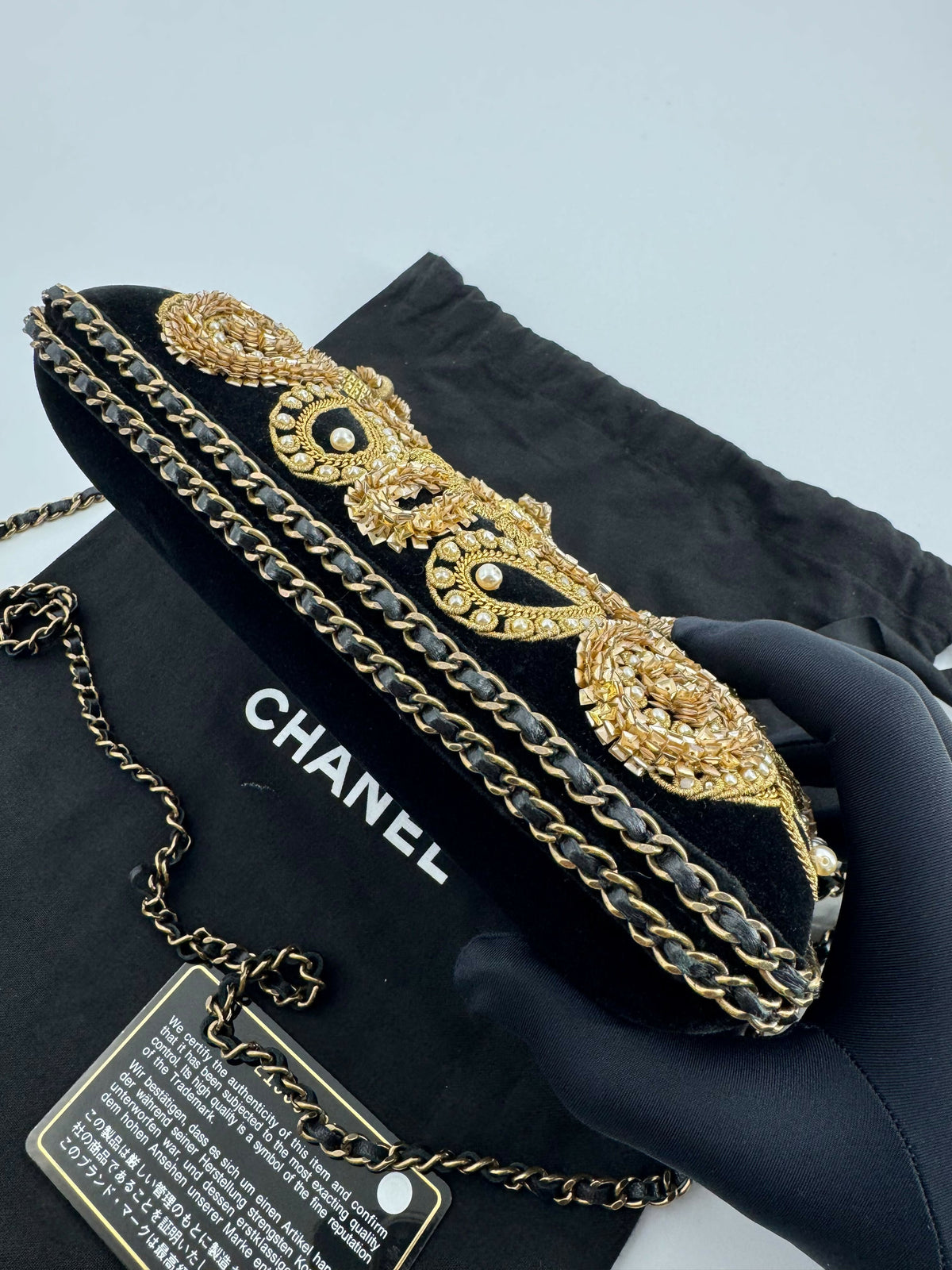 Chanel 2015 Velvet Imitation Pearl & Gold Embroidery Chain Evening Clutch Bag