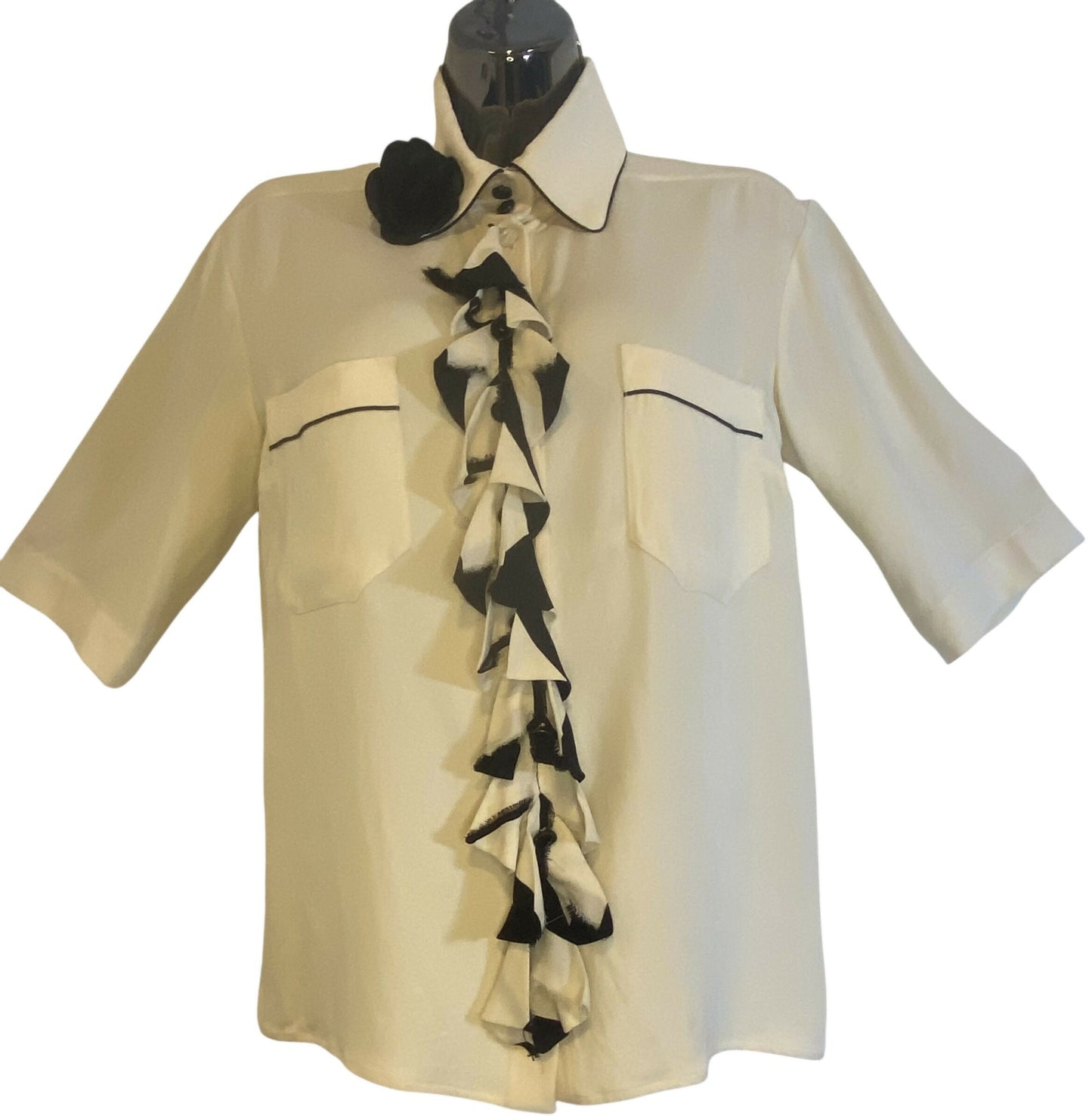 Chanel 08A Runway Silk Pleated Camellia Ecru Black Blouse FR 36