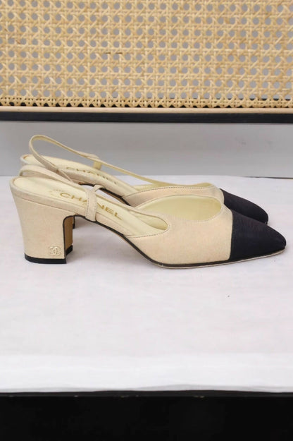 Chanel Beige and Black Sling Back Sandals