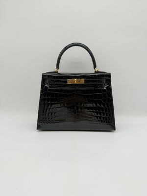 Hermès Kelly 28 Noir Shiny Crocodile Niloticus Lisse Gold Hardware, Stamp W (2025)