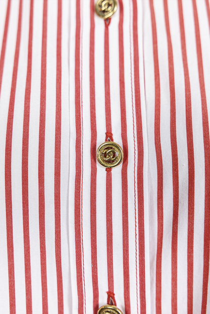Chanel 1990s Vintage Red Striped Embroidered Logo Button-Down Shirt