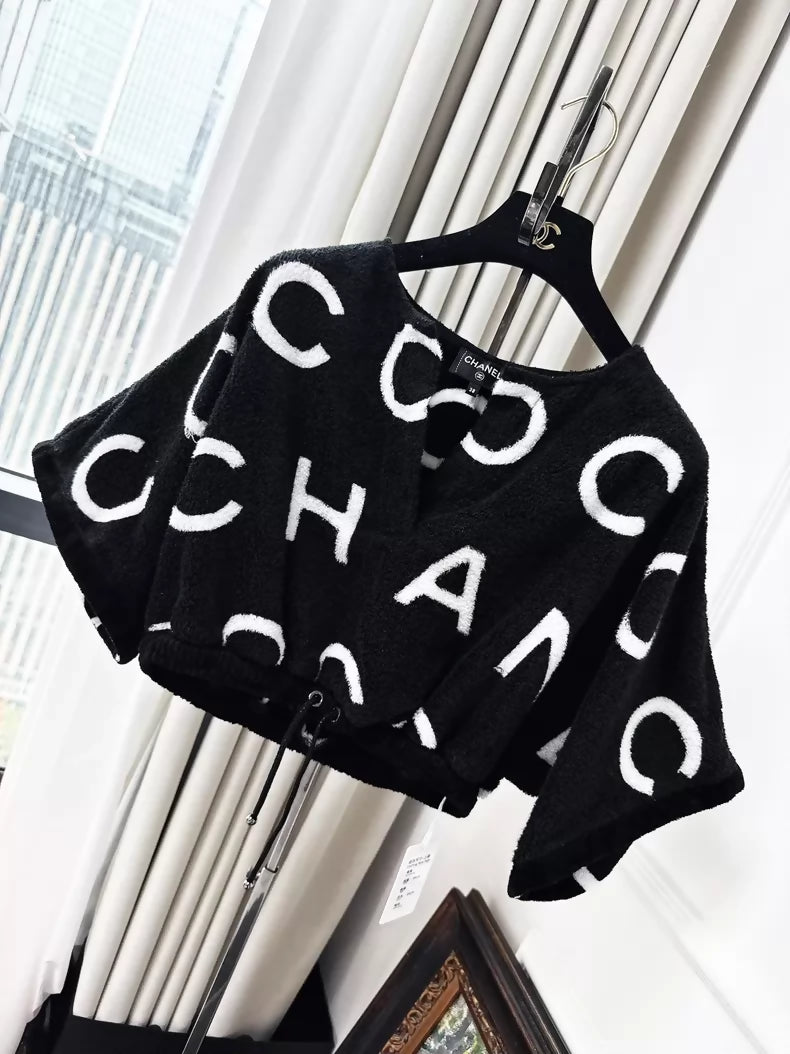 Chanel 23M black and white CC terry cloth top