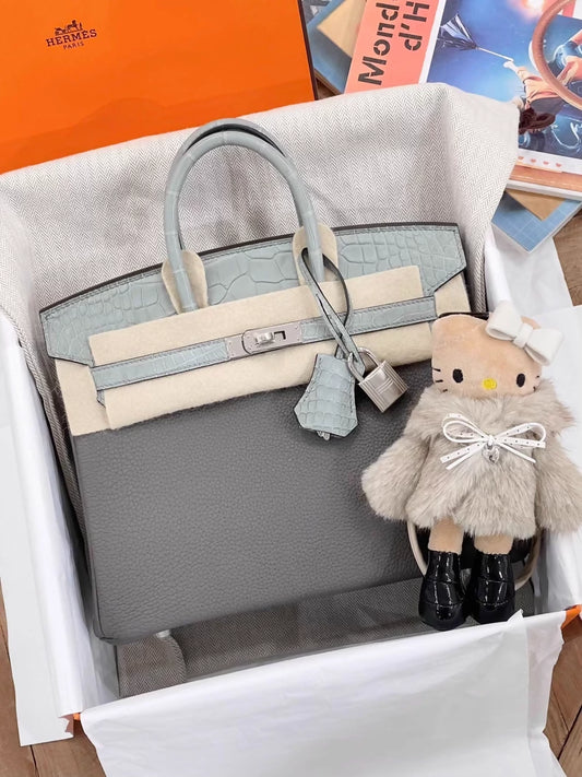 Hermès Birkin 25 Touch Gris Meyer Togo leather & Gris Misty Matte Alligator Leather Palladium hardware