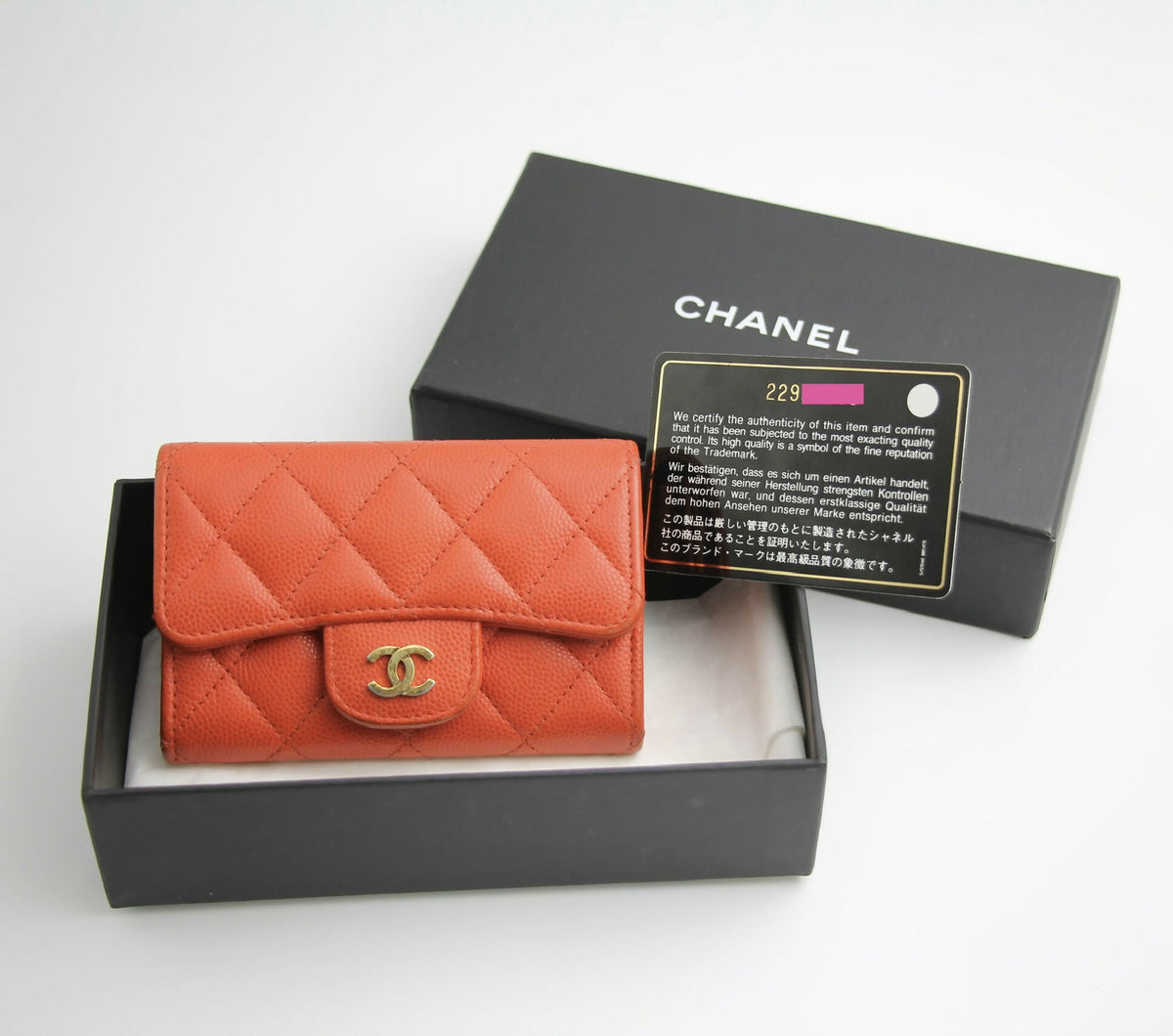 Chanel 2016 Authentic Caviar Quilted Orange Red Flap Card Holder Leather Wallet