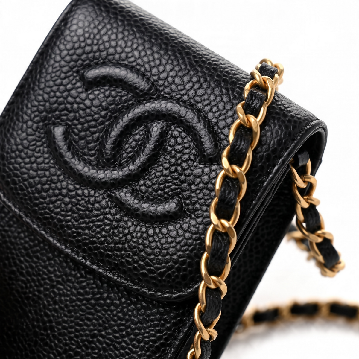 Chanel Vintage Black Caviar CC Phone Holder Pouch Chain Bag GHW