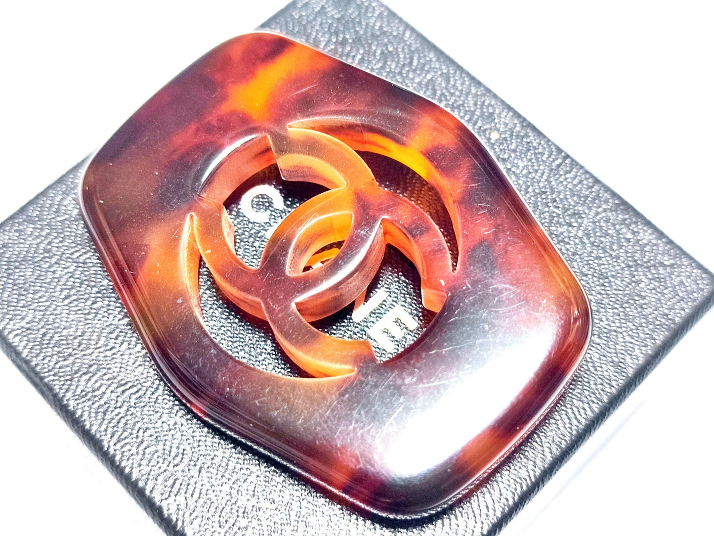 Chanel Vintage 97P Acrylic Tortoise Carved Quilted Hollow CC Logo Brooch