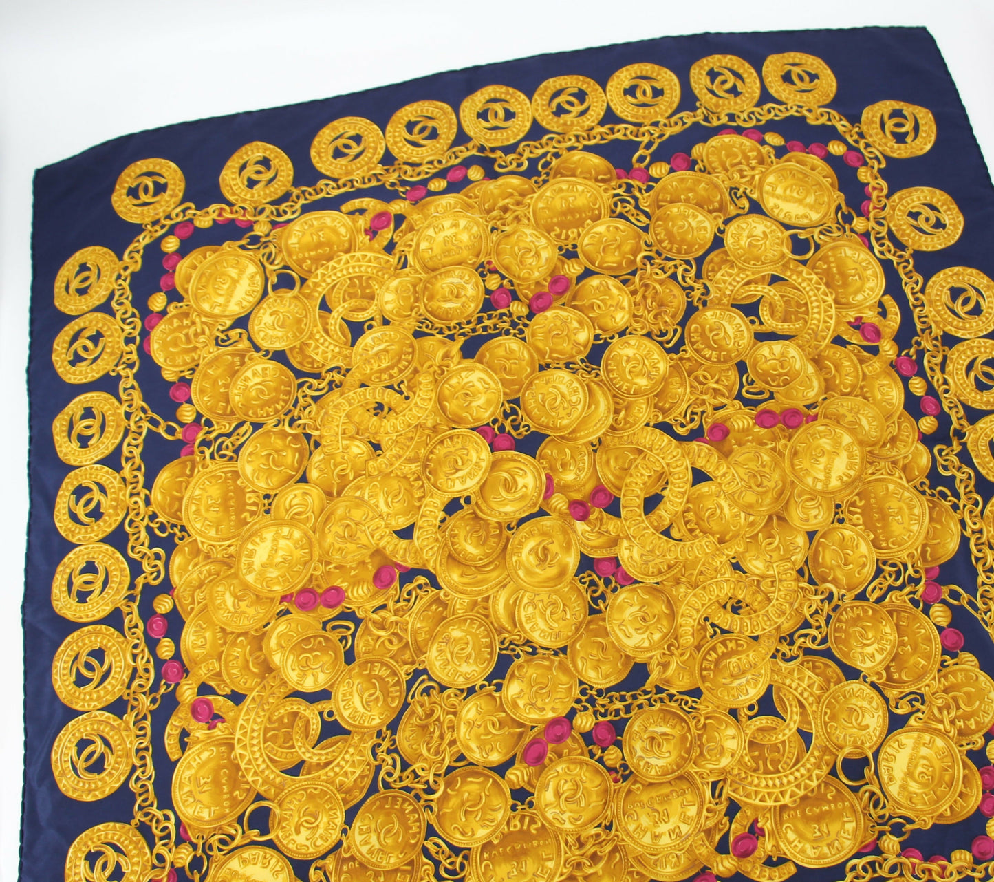 Chanel 100% Silk Navy Blue Chain and Gold Coin Pattern Scarf
